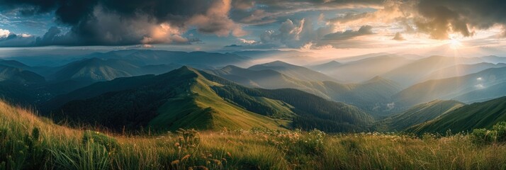 Wallpaper Nature. Breathtaking Panorama of Summer Carpathian Landscape with Clouds - obrazy, fototapety, plakaty