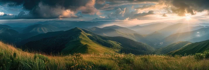 Fotobehang Wallpaper Nature. Breathtaking Panorama of Summer Carpathian Landscape with Clouds © AIGen