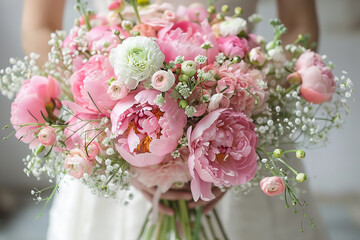 A charming arrangement of pink peonies, ranunculus, and delicate baby's breath.