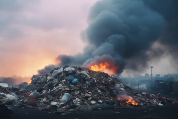 Garbage pile on fire with dark smoke at dusk.