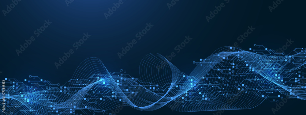 Aufkleber Quantum computer technologies concept. Futuristic blue circuit board background vector. Modern technology circuit board texture background design. Waves flow. Quantum explosion technology.