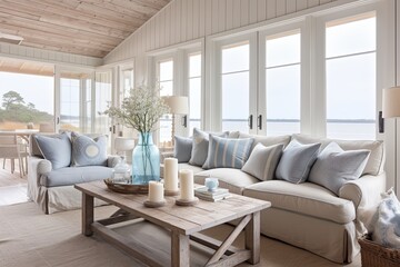 Seaside Serenity: Coastal Cottage Living Room Ideas with Rustic Coffee Table and Light Blue Accents