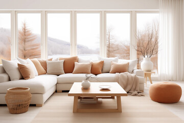Bright living room interior with large windows comfortable sofa stylish furniture and beautiful lake view 3D rendering