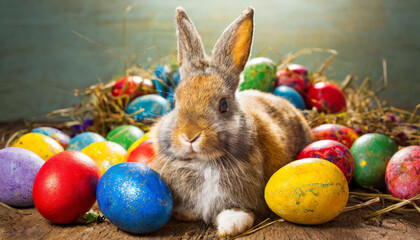 Rabbit Surrounded by Easter Colored Eggs. Happy easter