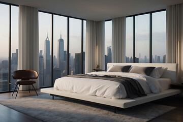 Stilvolles Schlafzimmer mit atemberaubendem Skyline-Blick - obrazy, fototapety, plakaty