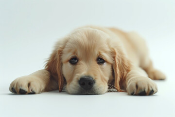 golden retriever puppy lying on white background facing the camera close up
 - Powered by Adobe