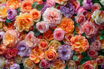 Beautiful array of colorful roses, flowers symbolizing love, closeup, top view, background