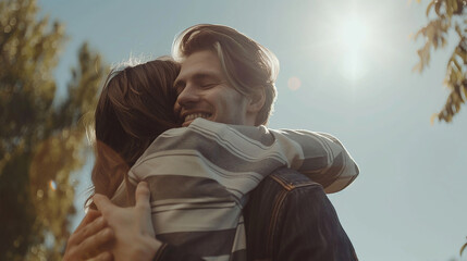 Lovely happy couple hug each other 