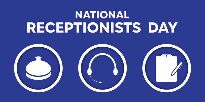 National Receptionists Day. Bell, Headset and note. Suitable for cards, banners, posters, social media and more. Blue background.