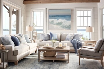 Obraz premium Ocean-Inspired Artwork and Cozy Textiles: Coastal Farmhouse Living Room Ideas