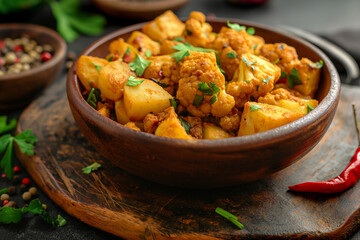 Aloo Gobi, A bowl of food with cauliflower and potatoes - obrazy, fototapety, plakaty
