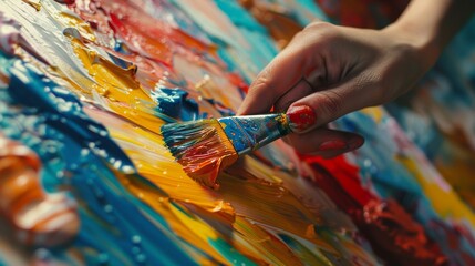 An oil painting artist mixes paint in her studio with her hands. - obrazy, fototapety, plakaty
