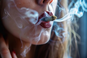 Close up of a woman smoking a big weed joint with some cannabis smoke. - obrazy, fototapety, plakaty