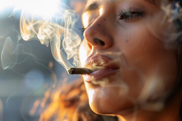 Close up of a woman smoking a big weed joint with some cannabis smoke.