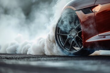 Close up of the wheels of a sportscar on a burnout. - obrazy, fototapety, plakaty