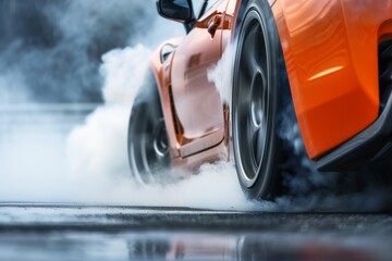 Close up of the wheels of a sportscar on a burnout.