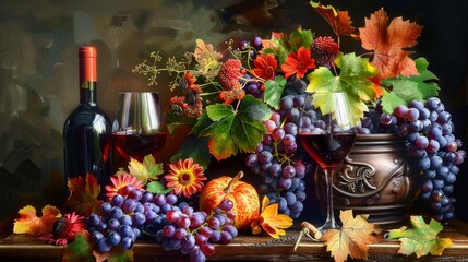 Obraz na płótnie Canvas Flower, grape, and wine still life in autumn