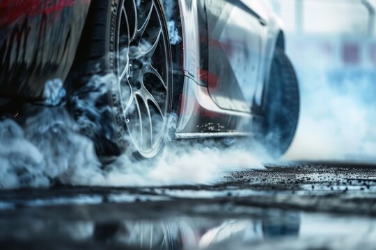 Close up of the wheels of a sportscar on a burnout.