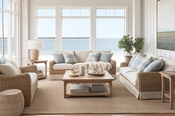 Wicker Furniture Magic: Coastal Farmhouse Living Room Ideas with Light Wood Tones