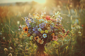 A rustic bouquet of wildflowers gathered from a sun-kissed meadow. - obrazy, fototapety, plakaty