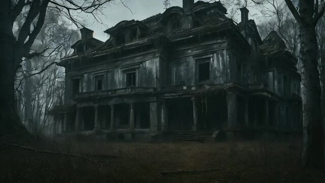 three scary uninhabited houses in the woods, looking haunted