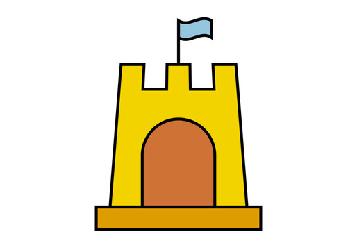 Icono de castillo de arena en fondo blanco.