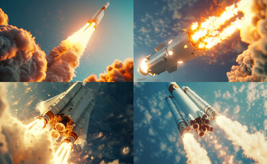 Rocket launch into blue sky, symbolizing progress and innovation.	
