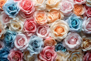 Fototapeta premium Pastel roses in full bloom for a colorful background, top view.