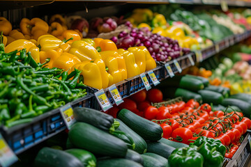 Various kinds of fresh vegetables are neatly arranged on supermarket shelves. Generative AI