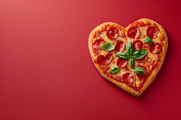 Heart shaped pizza with salami, tomato sauce, fresh green basil isolated on red empty background with space for text or inscriptions, top view 
