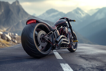 Custom motorcycle on an empty road with mountains in the background
