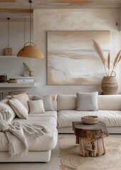 beautiful interior with beidge oil paintings on the wall and white sofa, boho style