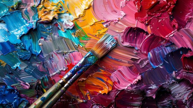 A mixed color oil painting on a palette. A macro artist's palette. A paintbrush is used by the artist to paint a picture using oil paints.