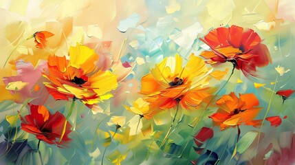 Painting in an abstract style using oil colors. Yellow and red flowers in soft colors on a yellow, red color background. Spring flowers in seasonal nature.