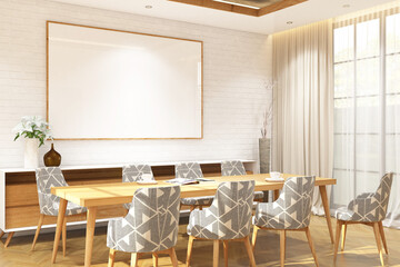 3d rendering interior of dining room with credenza and frames mock up. Wood parquet floor and white brick wall background. Set 14