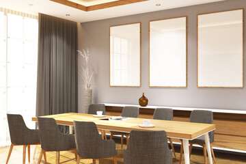 3d rendering interior of dining room with credenza and 3 frames mock up. Wood parquet floor and...