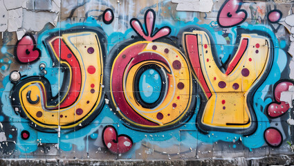 The word "JOY" as an artistic illustration graffiti on an old concrete wall in colorful hues.