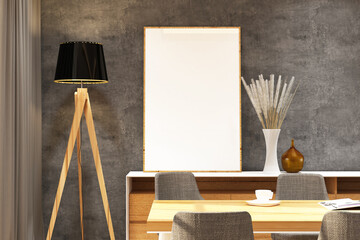 3d rendering interior of dining room with credenza and frame mock up. Wood parquet floor and dark gray cement wall background. Set 15