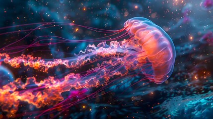 Neon Glow: Closeup of Pink Jellyfish Tentacles in Aqua Environment