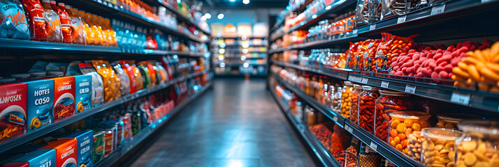 Endless Aisles of Packaged Snacks Line the Shelves ,
Blurred supermarket shelves in the background
 - obrazy, fototapety, plakaty