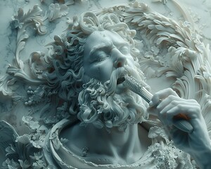 Amidst the chaos of Olympus, the god finds solace in the simple act of brushing his teeth, super detailed