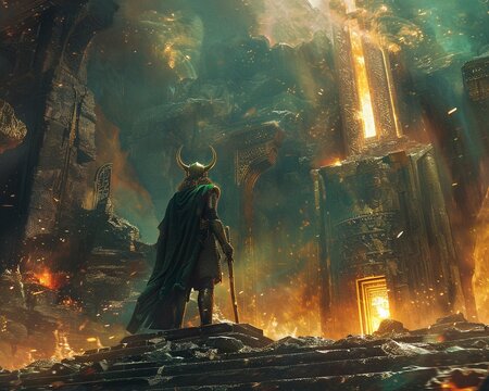 Delve into the cosmic forge where Loki and Heimdallr forge weapons and artifacts imbued with divine power, highresolution