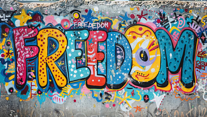 The word "FREEDOM" as an artistic illustration graffiti on an old concrete wall in colorful hues.