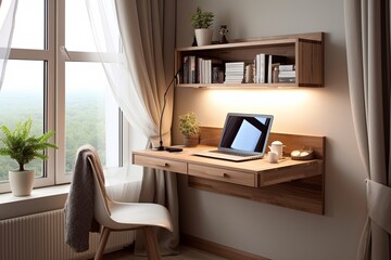 Compact Urban Home Office: Space-Saving Desk in Bedroom - Sleek and Functional Design