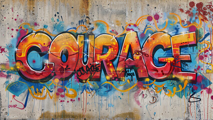 The word "COURAGE" as an artistic illustration graffiti on an old concrete wall in colorful hues.