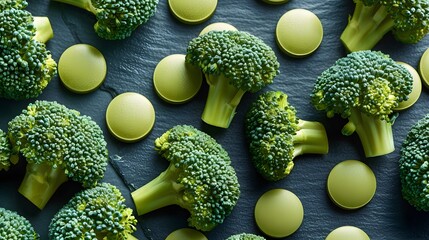 Top-View Wellness: Broccoli, Herbal Pills, and Nutritional Harmony - obrazy, fototapety, plakaty