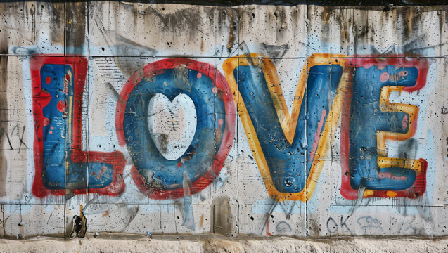 The word "LOVE" as an artistic illustration graffiti on an old concrete wall in colorful hues.