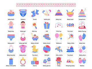 Baby shower flat minimalistic cute colorful set of icons and symbol. Vector illustration.