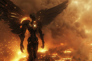 Angel robot in hell An angelic robot navigates hells landscapes, bringing light to dark digital realms , hyper realistic, low noise, low texture
