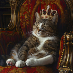 Cat as king A cat with a crown lounges on a throne, ruling the urban night with feline grace and aloof majesty - obrazy, fototapety, plakaty